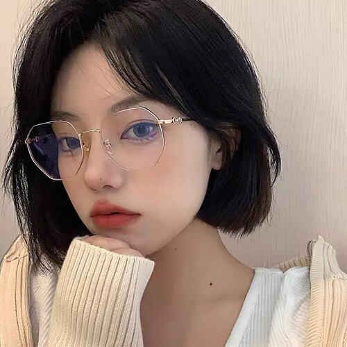 Blue Light Blocking Flat Frame Student Style Men's Fashion Myopia Glasses Bare Face Frame Slim Face Korean Version Myopia Finished Glasses for Women