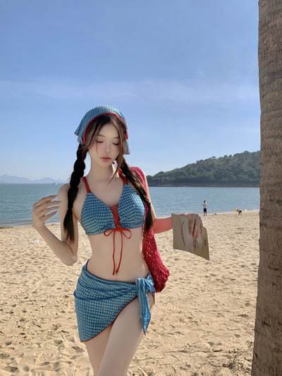 Women's Retro Plaid Bikini Set Two Piece Swimsuit With Headscarf_voghion.com
