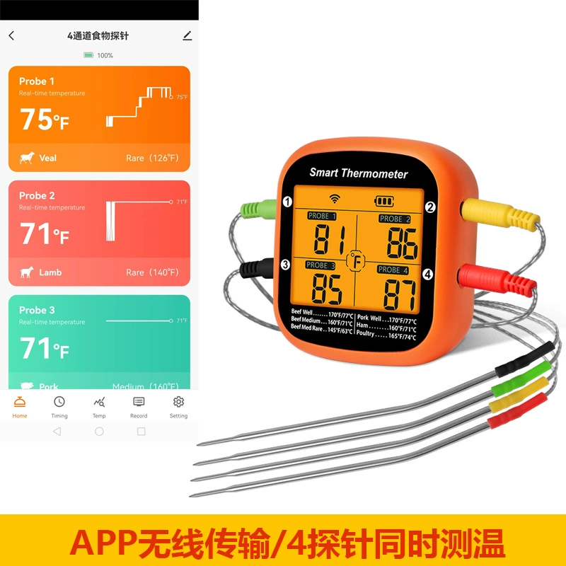 Умный термометр для барбекю с Bluetooth и четырьмя датчиками для измерения температуры мяса, на открытом воздухе, в помещении, на кухне, в духовке, устойчивый к высоким температурам