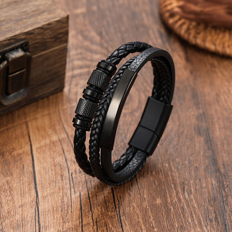 Cross-Border Edelstahl-Armband mit gebogener Gravur, mehrlagigem PU-Leder und Titanstahl-Verbund, gewebt, personalisierbar_voghion.com
