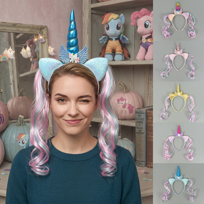 Cross-border Halloween children's wig, unicorn costume headband and hair accessories, My Little Pony cosplay headband and wig