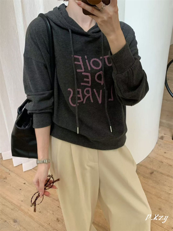 013 慵懒风连帽卫衣女秋季新款薄款宽松oversize女式字母上衣帽衫|undefined