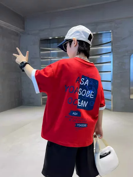 Boys' T-Shirt Short Sleeve 2026 New Summer Style for Elementary School Students, Trendy Pure Cotton Red Half-Sleeve Top, Summer Wear for Boys, Trendy T-Shirt