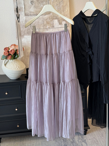 A lightweight pearlescent soft chiffon dress~A-line splicing fluffy cake skirt, French gentle temperament versatile medium-length half skirt