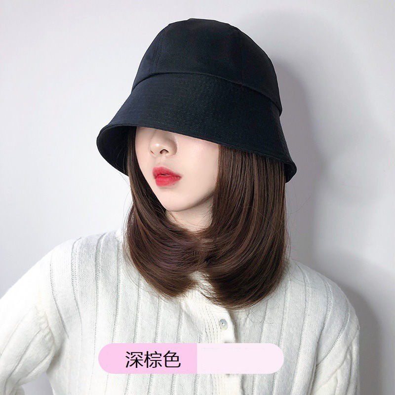 Sombrero de peluca japonés integrado primavera femenina y verano Internet celebridad cubo sombrero de pescador pelo de longitud media hebilla interior cubierta de la cabeza llena clavícula pelo liso