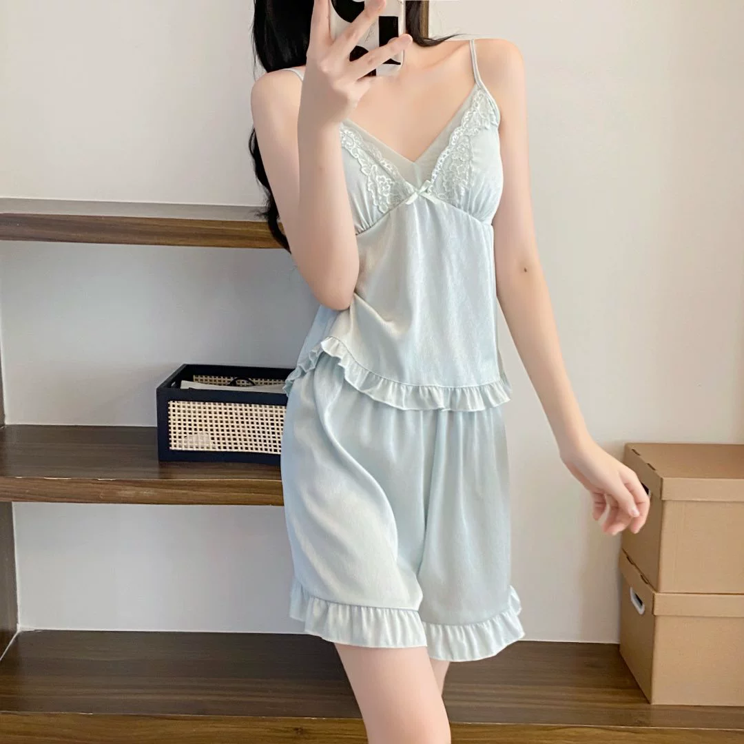 Популярные женские пижамы из ледяного шелка с подушечками для груди, комплект шорт на подтяжках Pure Lust, сексуальные пижамы для женщин, весенне-летняя кружевная ночная рубашка