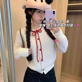 红色波点外搭短款毛衣外套女秋冬2025新款韩系小个子针织开衫上衣