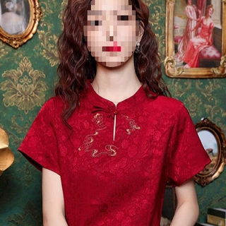 新中式冰丝刺绣衬衣女士短袖夏装2026年新款复古气质立领提花上衣