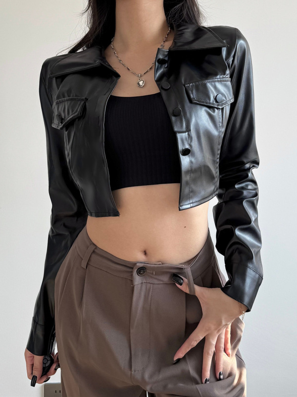跨境欧美女装2025秋季新款时尚个性街头风PU皮开衫外套上衣夹克女|undefined