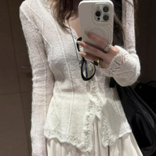 马海毛镂空V领花边针织衫女2025秋季款韩系纯欲收腰外搭开衫毛衣