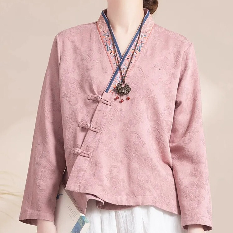 Chinese Style Retro Placket Embroidered Disc Button Cotton and Linen Long-Sleeved Cardigan Han Dynasty Women's Casual Loose Artistic Spring & Fall Top