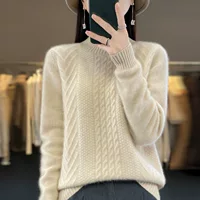 Women’s half‑turtleneck pullover, pure wool, cropped thick cable knit, autumn‑winter