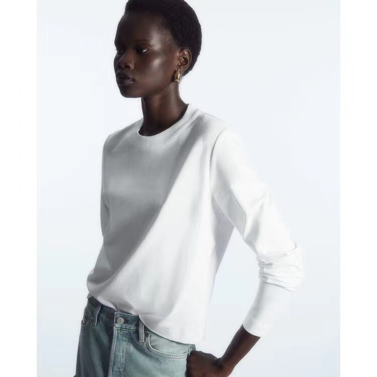2026 Spring New Style C*Os Style Standard Fit White Cotton Round Neck Long-Sleeved T-Shirt Simple Base Top