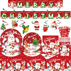 新しいクリスマス装飾紙皿ティッシュ紙コップクリスマステーブルクロス横断幕スパイラル掛け飾り新年パーティー用品