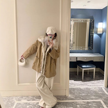 浅卡其立领工装派克服夹棉外套女2025冬季中长款环保毛领大衣绵衣