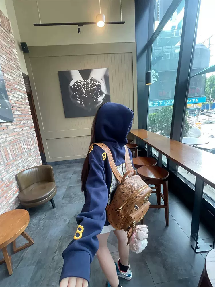 美式复古藏青色字母刺绣连帽卫衣男女秋季百搭慵懒风宽松情侣帽衫