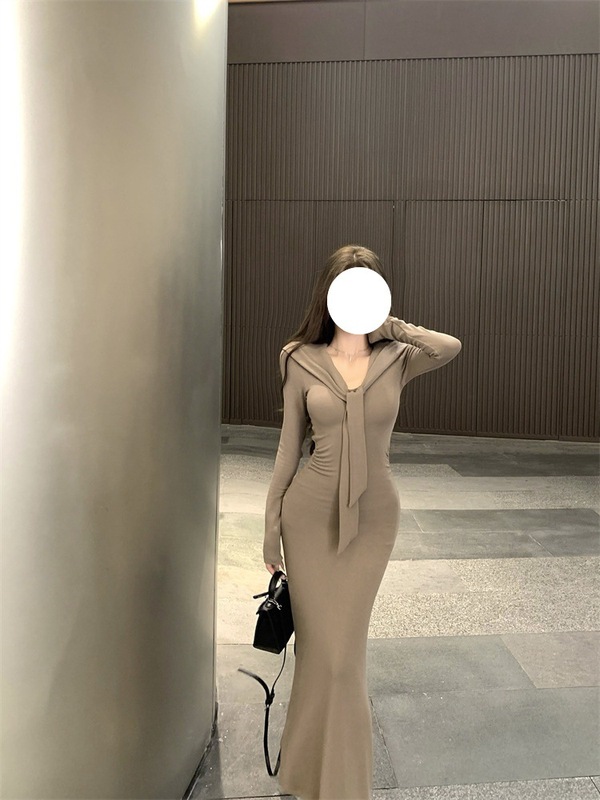 纯欲温柔气质拼接系带长袖针织连衣裙女早秋新款收腰显瘦长裙女装|undefined