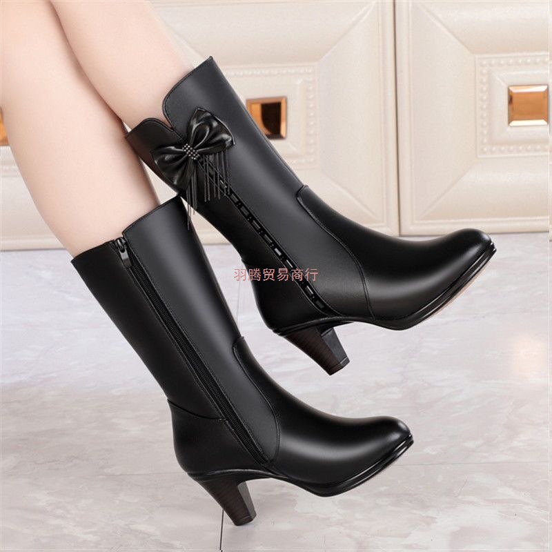 靴子女冬加绒马丁靴女妈妈鞋短靴中跟粗跟中筒靴棉靴中年女皮靴子