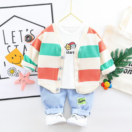 Children's clothing one piece goods delivery rice woolen boy suit rainbow button cardigan jeans children's spring clothing