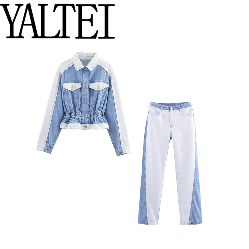Yaltei Cross-Border Aliexpress Ins European and American Foreign Trade Women's Clothing French Spliced Denim Jacket Jeans