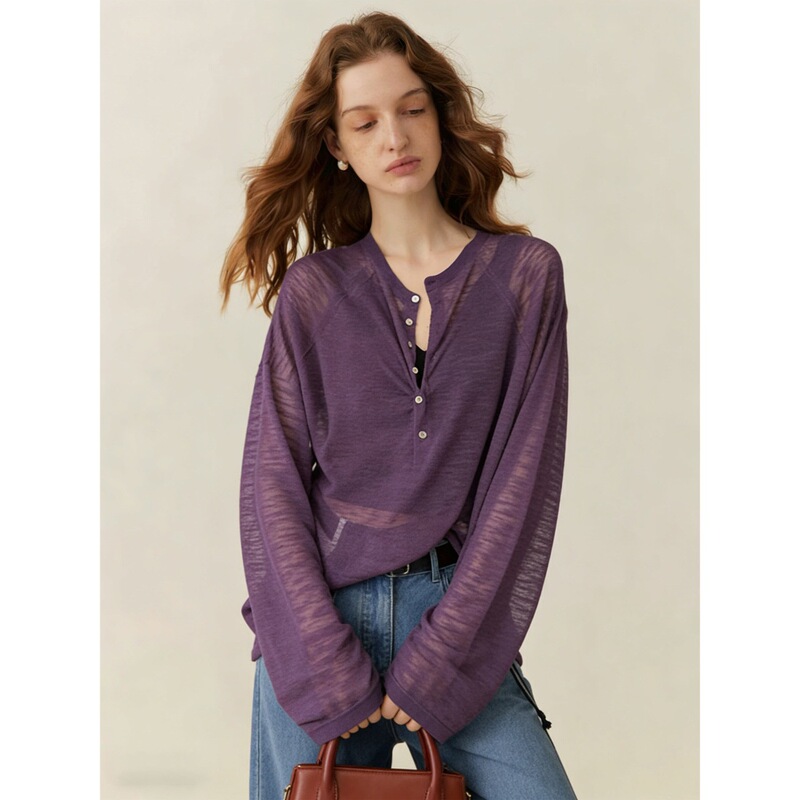 High-End Style Henry Half-Open Collar Bamboo Linen Knit Shirt for Women, Spring and Summer Style, Loose and Relaxed Outerwear, Thin Top