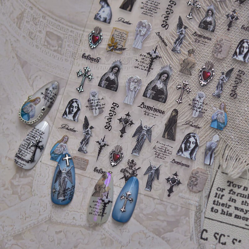 Renaissance Dark Gothic Style Angel Cross Tomoni Nail Art Relief Retro Goddess Statue Nail Stickers