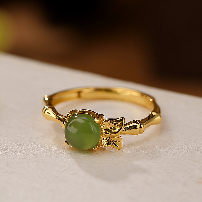 Nhẫn bạc S925 mạ vàng đính hạt ngọc bích jasper hình lá tre phong cách mục vụ — Kiểu màu bạc