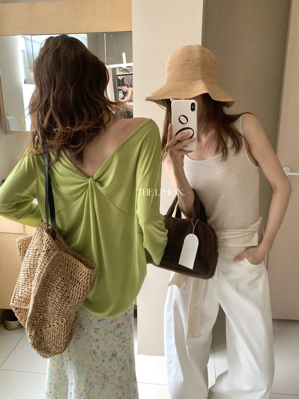 Áo thun nữ tay dài cổ V thiết kế xoắn nút, mặc hai kiểu, chống nắng, form rộng suông — màu hồng, màu cam, màu trắng, xanh lá cây chi tiết 15