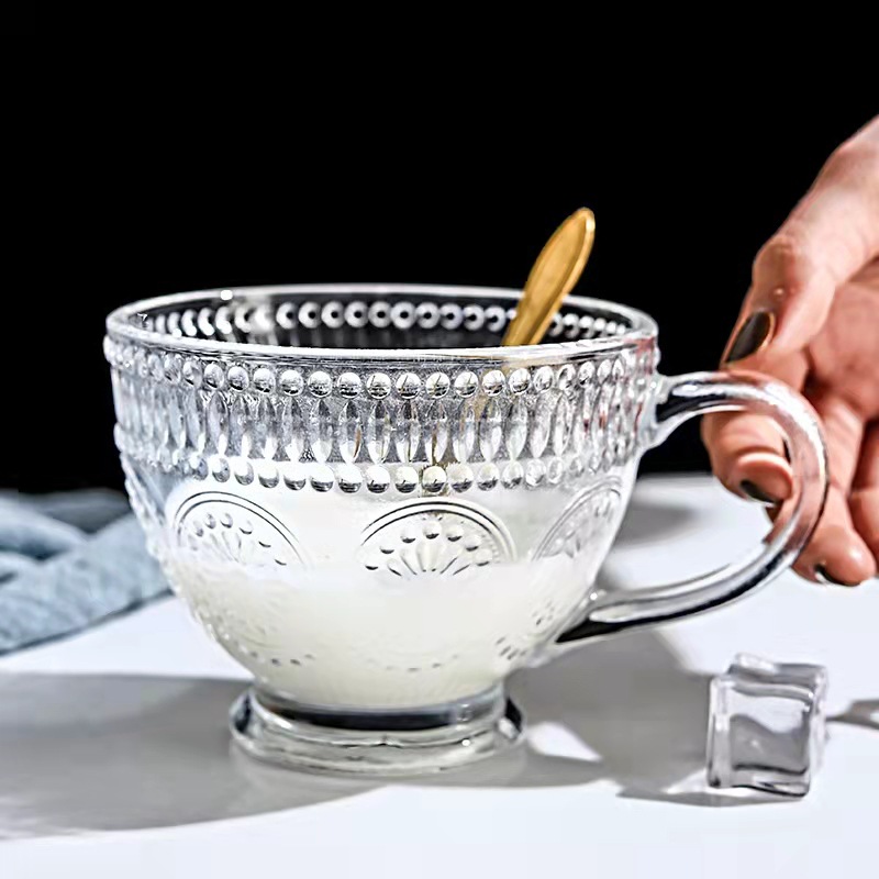 复古浮雕太阳花杯北欧风大容量玻璃杯燕麦杯酒杯咖啡杯带把早餐杯