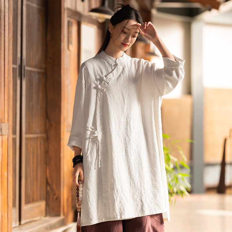 26 Spring New Chinese Style Women's Clothing Retro Zen Cotton Linen Top Buddhist Robe Linen Buttoned Diagonal Collar Tie-String Improved Hanfu
