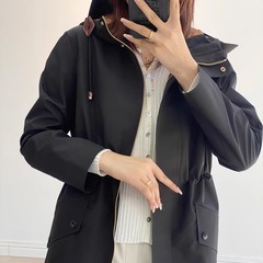 欧单高品女士外套秋冬防风防水连帽夹克英伦风中长款收腰软壳风衣