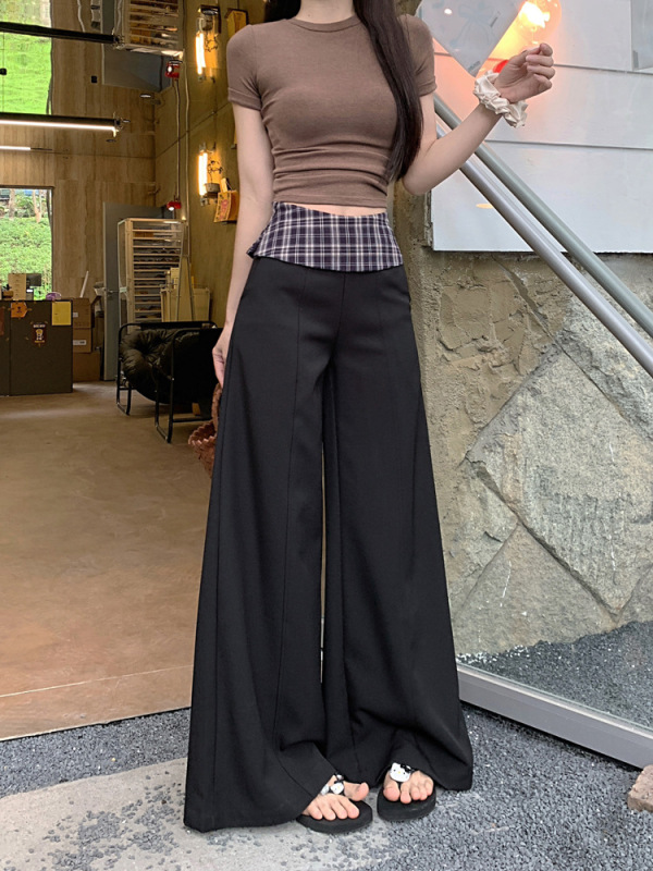 设计感格子拼接西装阔腿裤女2025秋季新款宽松显瘦百搭垂感拖地裤|undefined