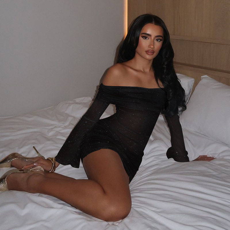 Women Clothing Spring Summer Mesh See through Tube Top off Collar Sexy Skinny Hip Dress