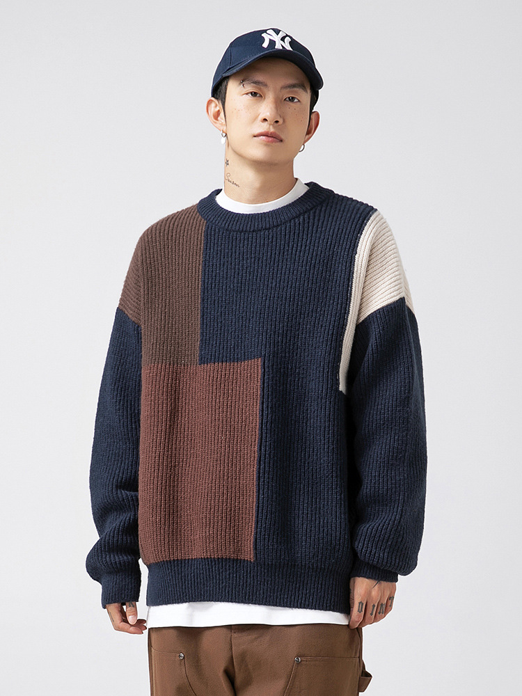 Suéter texturizado con bloques de color y diseño patchwork para hombre, nuevo estilo japonés de otoño e invierno, suéter grueso de punto de marca a la moda y holgado.