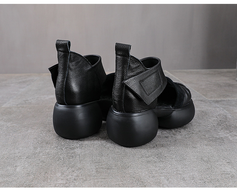 Sandal cao gót nữ da bò thật phong cách La Mã, gót to bản, đế dày, khóa dán — màu đen chi tiết 12