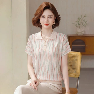 2026年妈妈夏装新款短袖小衫中老年女装冰丝雪纺T恤上衣服洋气