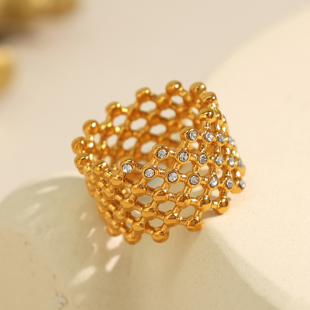 1 Pair Simple Series Retro Geometric Stainless Steel 18K Gold Plated Rhinestone Women Single Rings 2