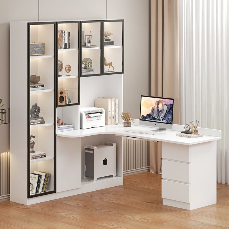 Solid Wood Light Luxury Corner Desk with Bookshelf, Integrated Computer Desk and Bookcase Combination for Bedroom, Home Use, Student Study Desk, Writing Desk