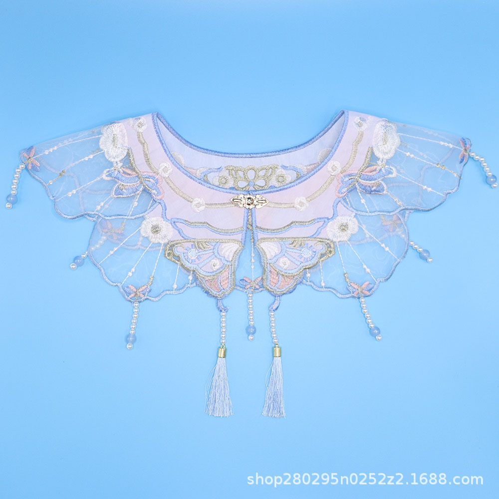 Blue butterfly and flower embroidered cloud shoulder organza children's shawl, ancient style Hanfu false collar with beaded tassels.