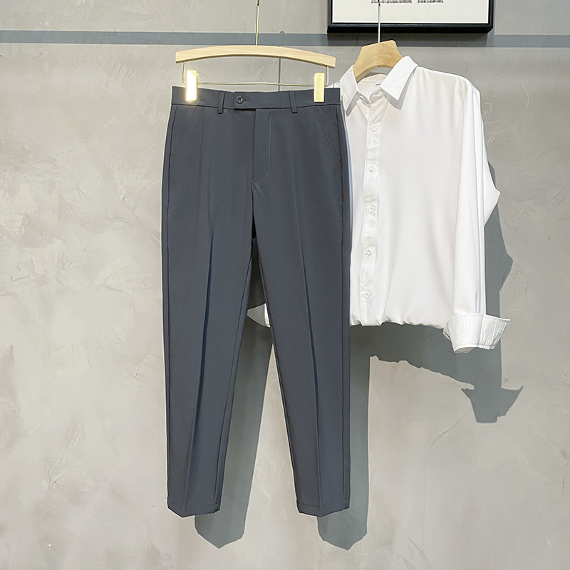 Pantalones de traje pequeño drapeado de primavera y verano para hombres Pantalones rectos delgados pantalones de traje recortados de moda para todo el partido más el tamaño pantalones casuales calientes