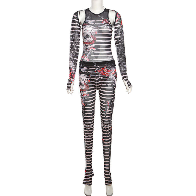 Women's Pants Set Perspective Mesh Printed Sexy Two Piece Outfit_voghion.com
