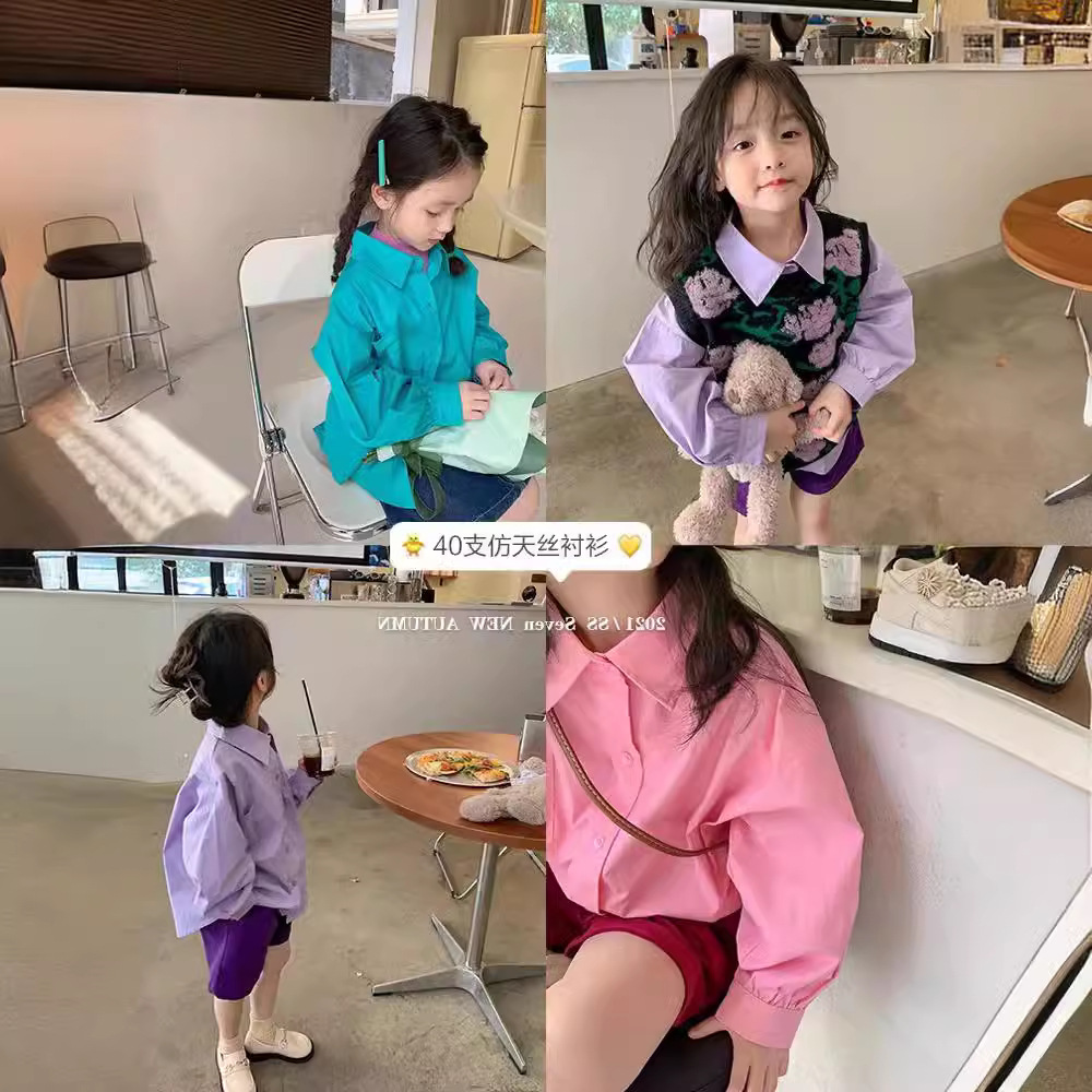 Las niñas de color sólido exterior camisa de moda bebé 2023 primavera y otoño nuevo estilo coreano casual todo-fósforo POLO cuello superior moda