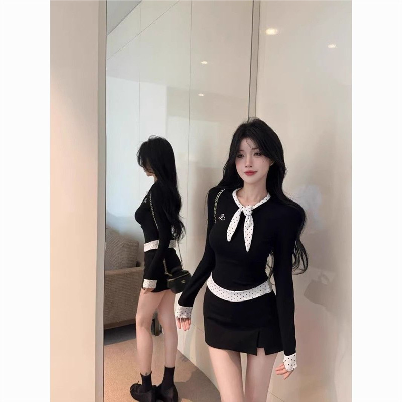早秋法式假两件波点拼接领结长袖打底衫女高级感美式独特绝美上衣
