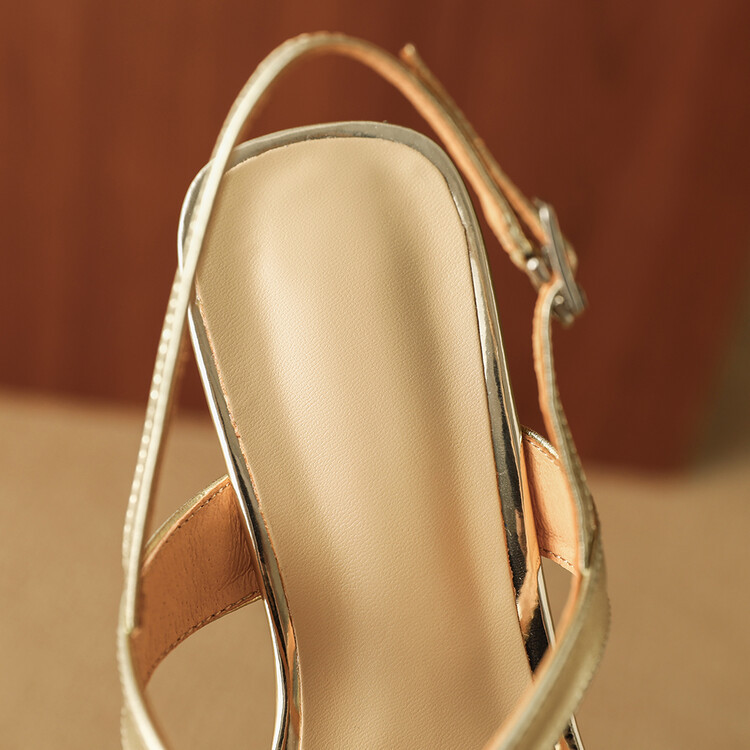 Sandal cao gót nữ da thật mũi vuông hở mũi gót thô 9 cm — Màu vàng, Màu bạc chi tiết 36