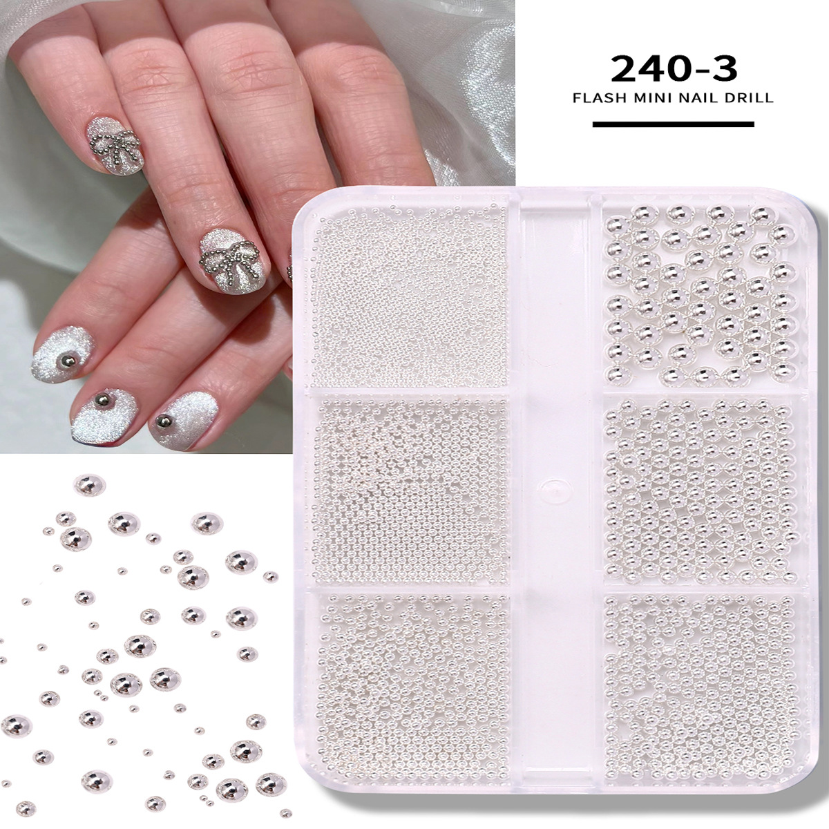 Accesorios de uñas transfronterizos al por mayor 6-grid nail aleación de acero cuentas oro plata tamaño mezclado decoraciones de uñas al por mayor