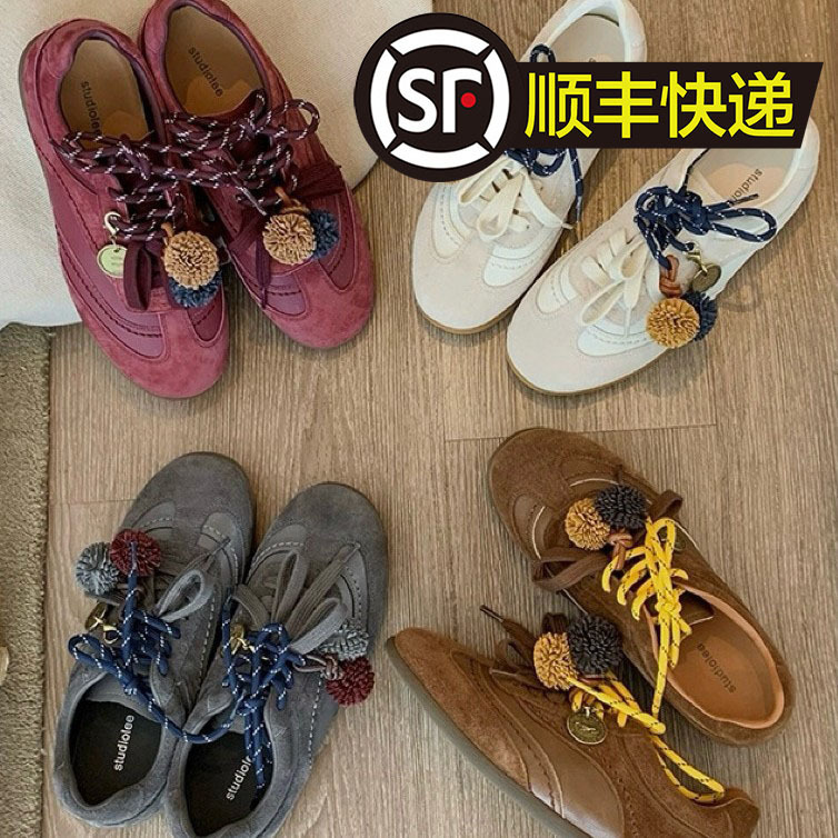 牛皮版~葡萄妈同款内增高3cm撞色鞋带圆头松果休闲运动鞋女德训鞋|undefined