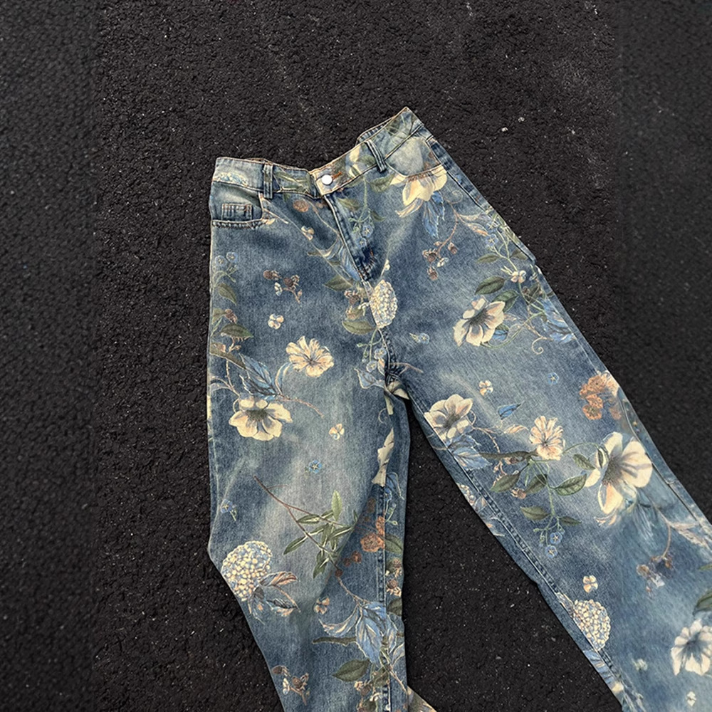 European and American Hiphop Street Pants Washed Full-Print Floral Jeans Loose Casual Pants American Vibe Straight Pants