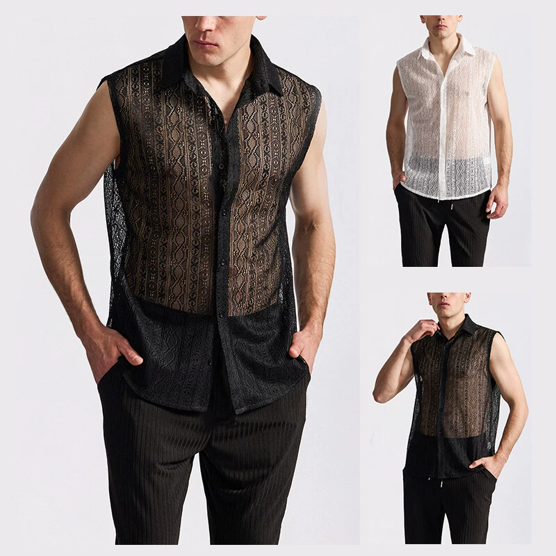 Amazon Мужская кружевная рубашка без рукавов для ночного клуба, сцены, дискотеки, американская крутая перспективная полая рубашка, блузка