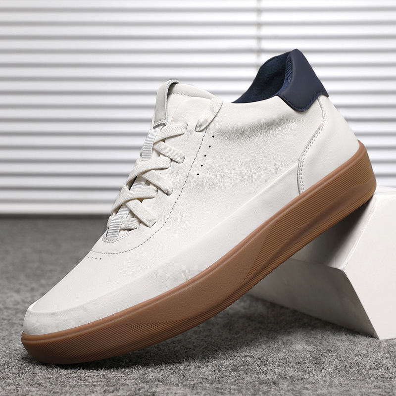 First-Layer Cowhide High-Top Sneakers for Men, Autumn and Winter New Casual Sports Shoes, Light Luxury Thick-Soled Moral Training Shoes, Versatile White Shoes