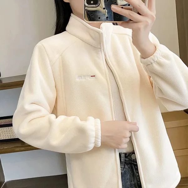 Women's fleece-lined thickened sweatshirt, fleece jacket for spring and autumn, outdoor casual fleece coat, warm stand-up collar inner layer for sports